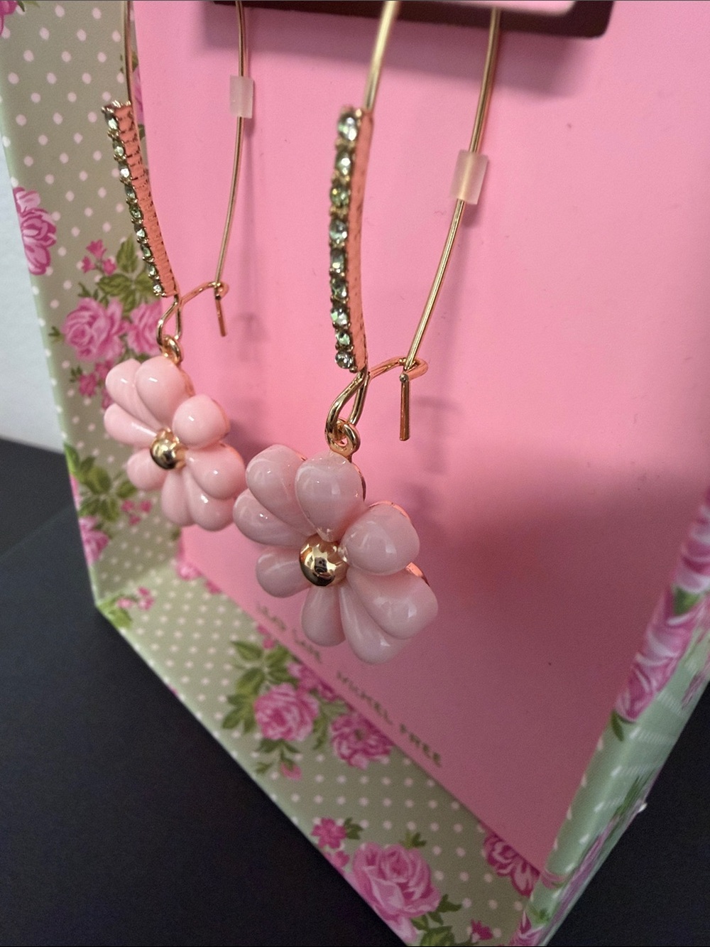 Betsey Johnson | Pink Flower Drop Earrings w/ Rhinestone Accents 🌸 - Picture 4 of 9
